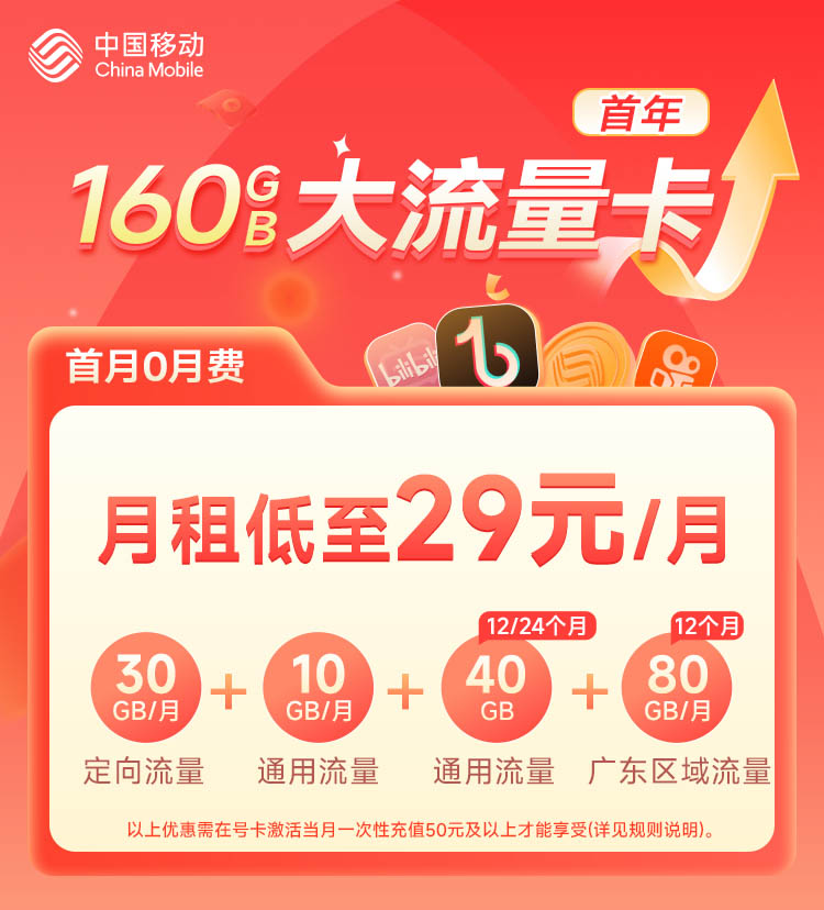 广东移动29元160G产品 省内发货